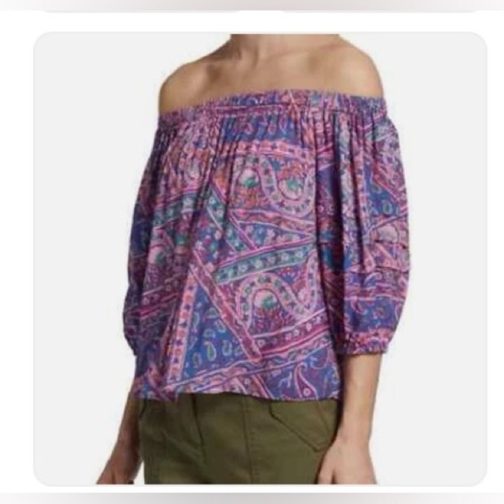 BA&SH Fenji Paisley scarf print Off The Shoulder Top, floral pink blue, large